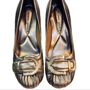 Andrew Gellar Metallic Leather Low Wedge Pumps
